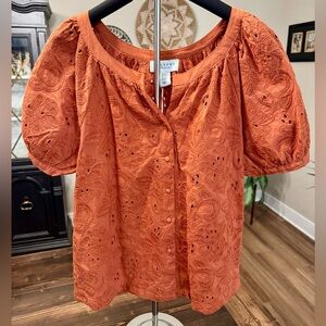NEW Calypso St. Barth Terracotta Eyelet Puff Sleeve  Blouse Size S